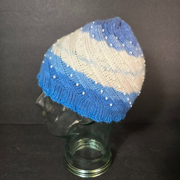 Handmade Knit Hat Blue White Faux Pearl Swirl Design Warm Winter Cap Wool Blend - Picture 6 of 8